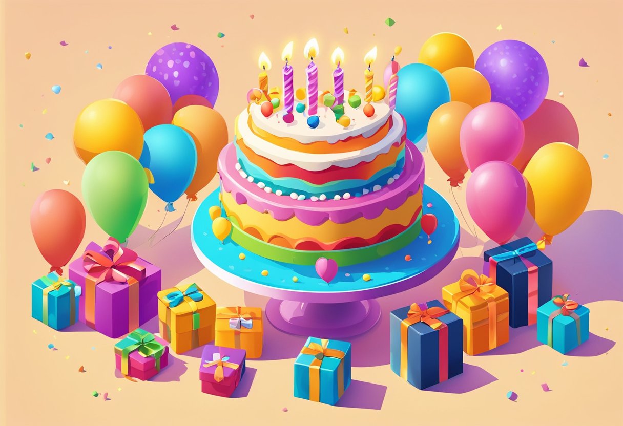 A colorful birthday cake with 11 candles burning brightly, surrounded by presents and balloons, with a joyful and celebratory atmosphere