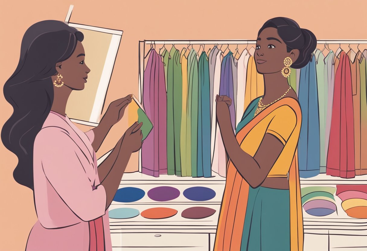 A woman stands in front of a mirror, holding up different colored sarees to her skin to determine the best match. A color wheel and skin tone chart are nearby for reference