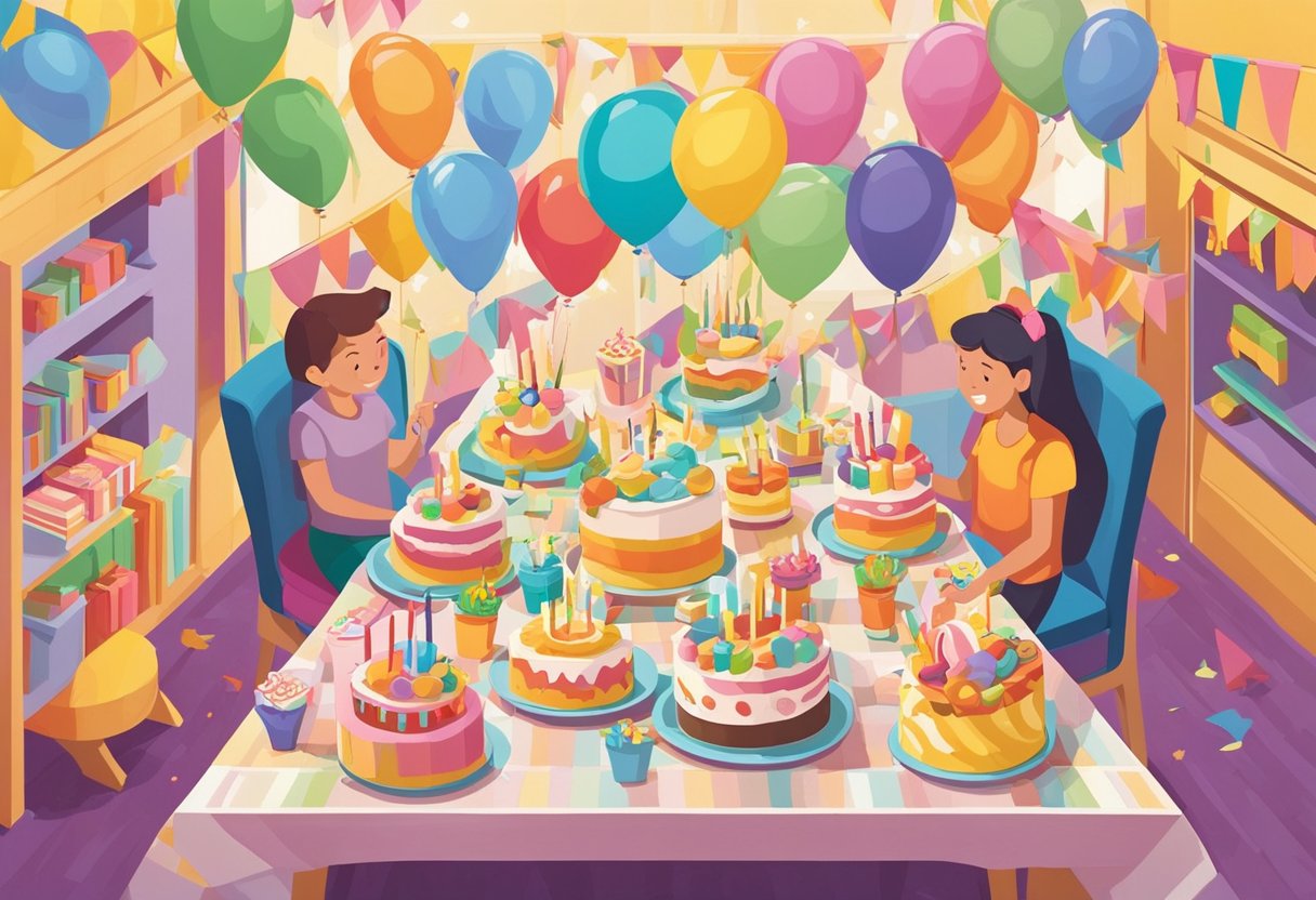A colorful birthday banner hangs above a table adorned with cake and presents. A joyful atmosphere fills the room as family and friends gather to celebrate