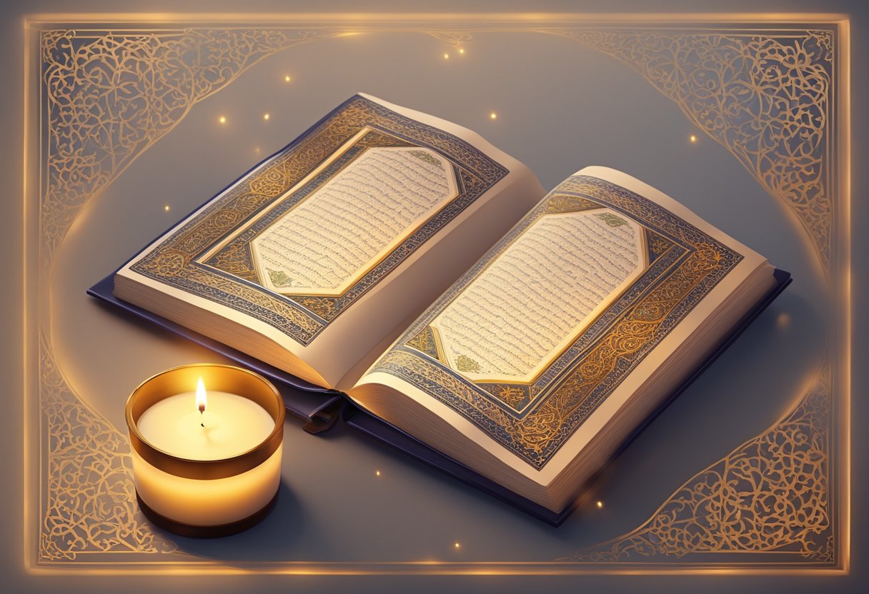 The Quran lies open on a beautifully decorated table, with a soft glow emanating from a nearby candle