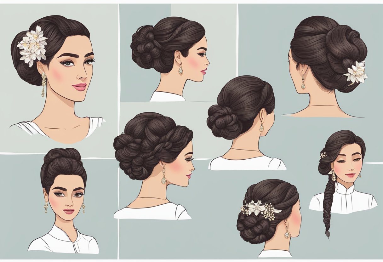 Three hairstyles: sleek bun, side-swept curls, and braided updo. Saree draped over a mannequin or laid out on a flat surface. Accessories like hairpins and flowers can be included