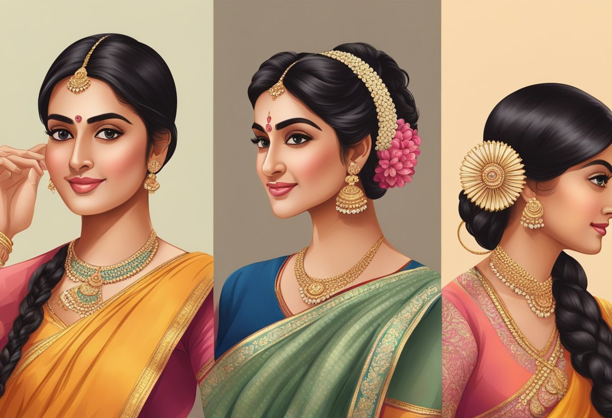 A woman's hand holds a saree fabric while three different hairstyles are displayed on a screen, each complementing the traditional attire