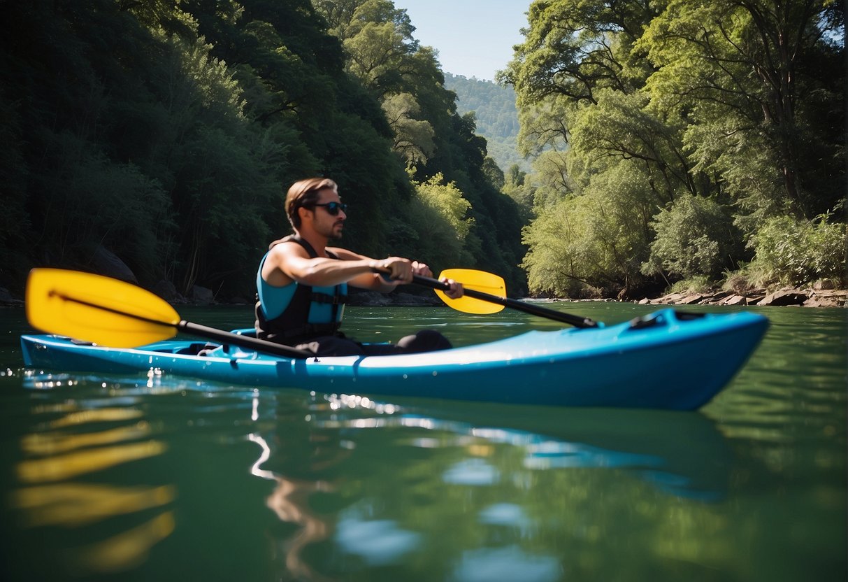 A kayaker paddles through calm waters, surrounded by lush greenery and a clear blue sky