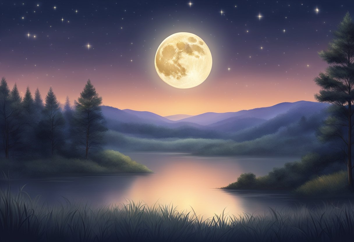 A glowing moon illuminates a peaceful night sky, casting a soft light over a serene landscape. The stars twinkle above, creating a sense of tranquility and spirituality