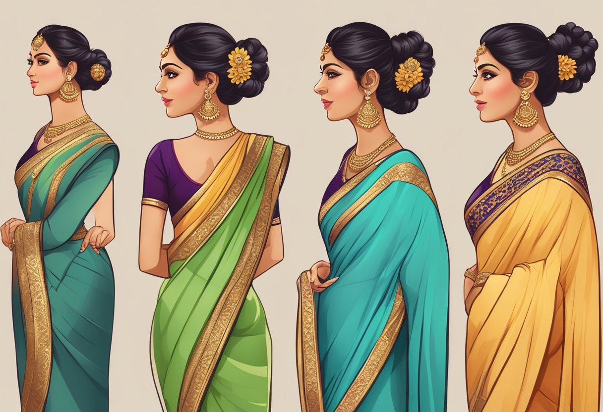 A woman's profile with three different hairstyles, each complementing a traditional saree outfit