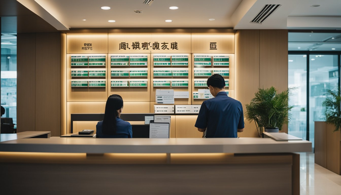 A licensed moneylender's office in Singapore with a sign displaying the company name and license number. A customer fills out paperwork at the counter while a staff member assists