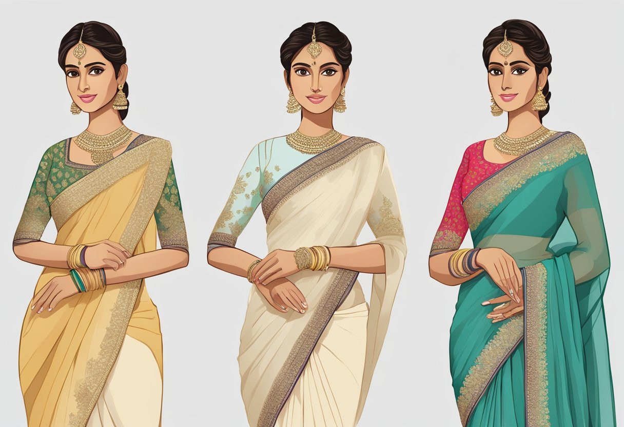 Three organza saree blouses displayed on a clean, white background. Each blouse features intricate embroidery and unique design details