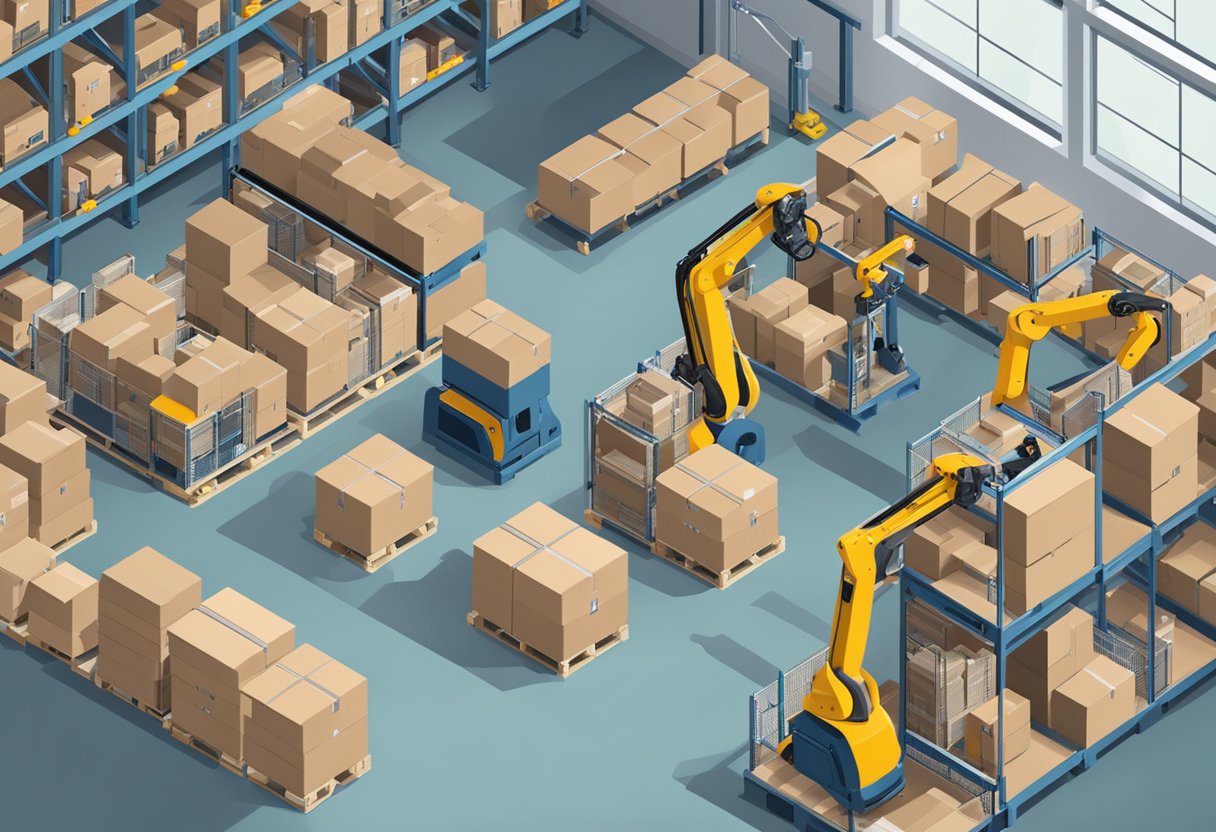 A warehouse with robotic arms moving items in an automated picking system