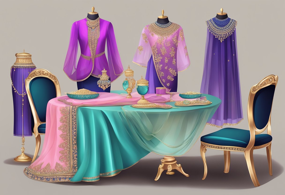 A table set with various organza sarees and blouse designs, accompanied by stylish accessories for a fashion illustration