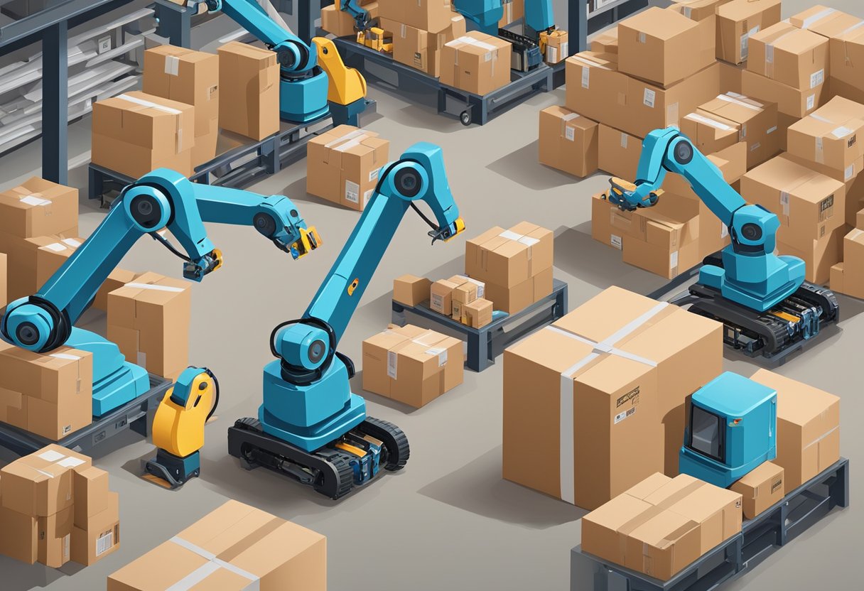 Robotic arms swiftly picking and packing items in a warehouse for automated order fulfillment