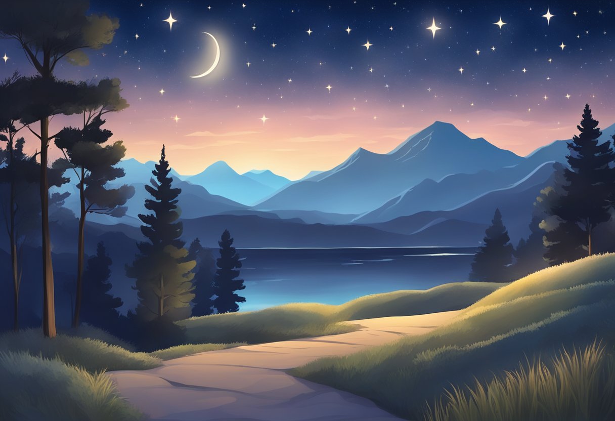 A peaceful night sky with stars shining brightly, and a crescent moon casting a soft glow over the landscape