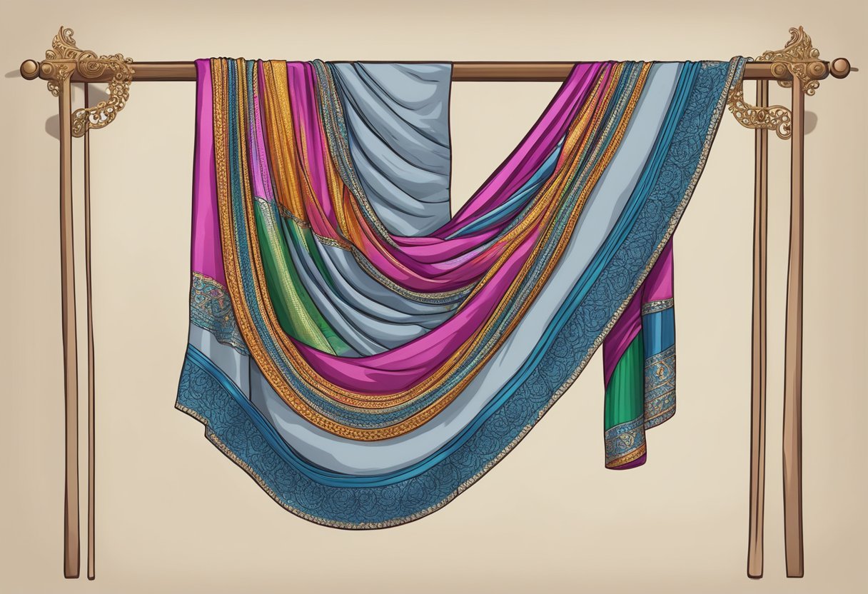 A colorful saree draped over a hanger, with intricate embroidery and flowing fabric, ready for a college or school farewell
