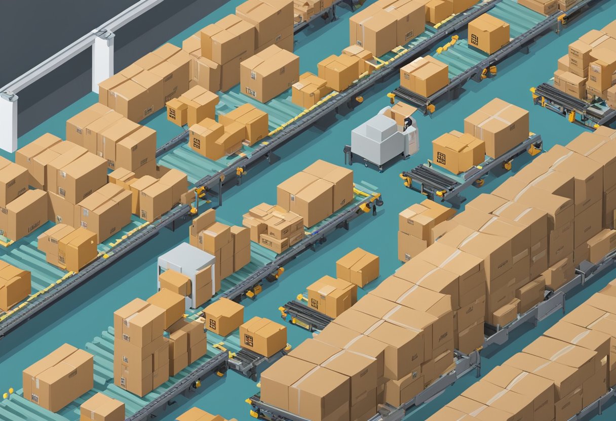 A conveyor belt moves boxes through a warehouse, while a robotic arm selects and places items into the boxes