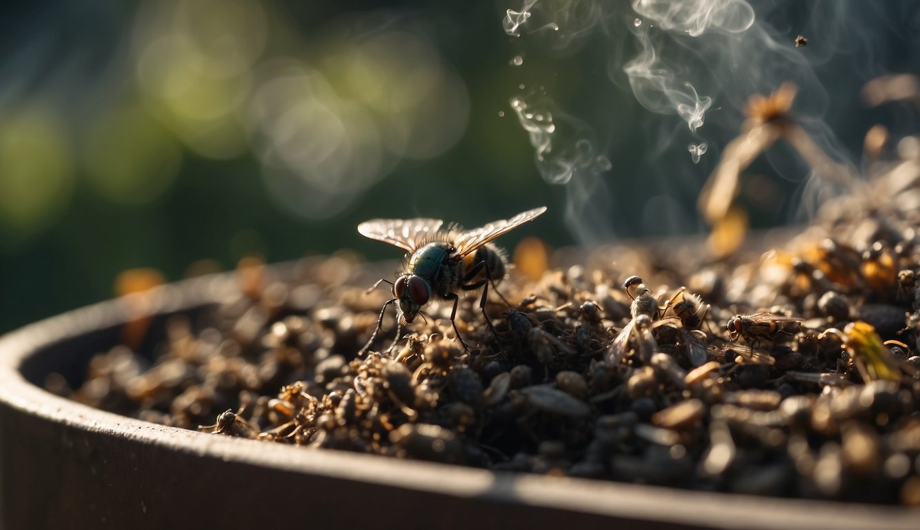 Flies buzzing around a compost bin, with steam rising from the decomposing organic matter