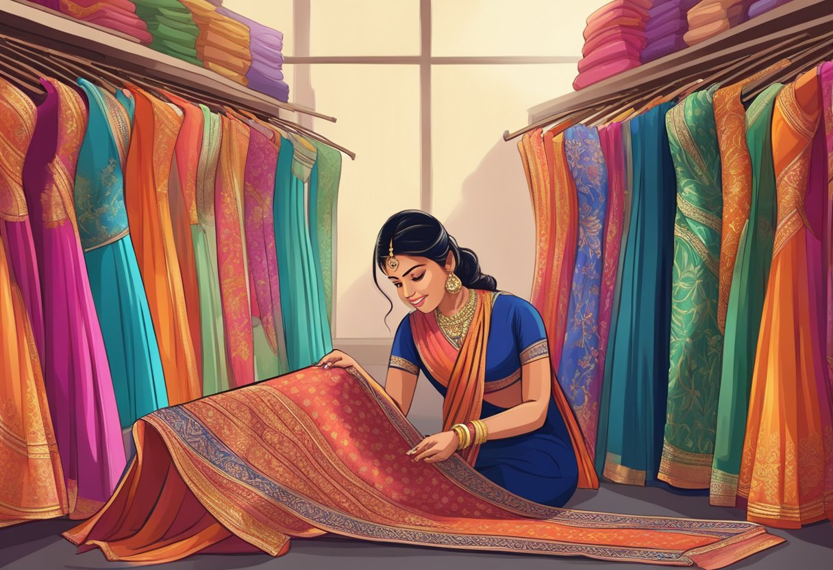 A woman carefully selects a vibrant saree from a rack, examining the fabric and intricate details, preparing for a memorable farewell event