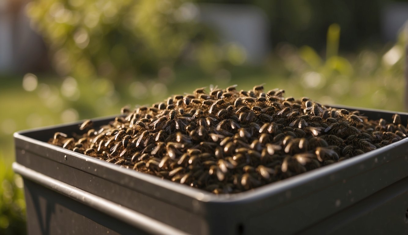 Flies swarm around a compost bin, breaking down organic matter