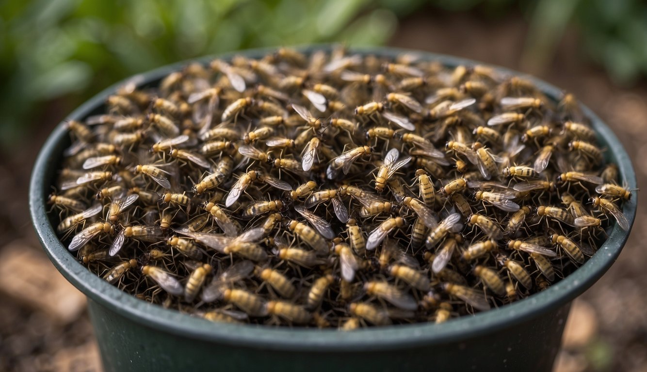 Flies swarm around a compost bin, posing health and safety concerns