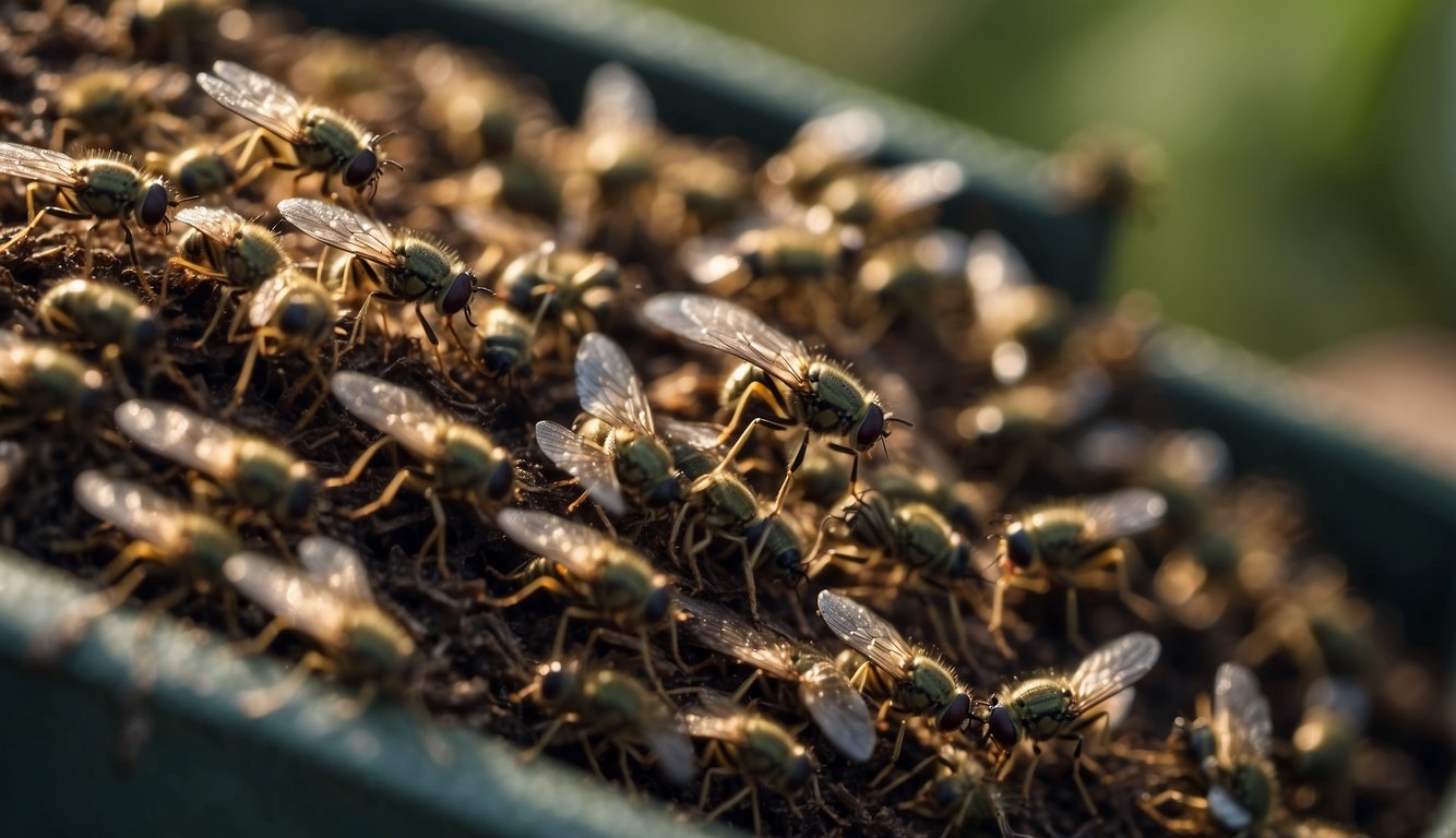 Flies swarm around a compost bin, attracted by decaying organic matter