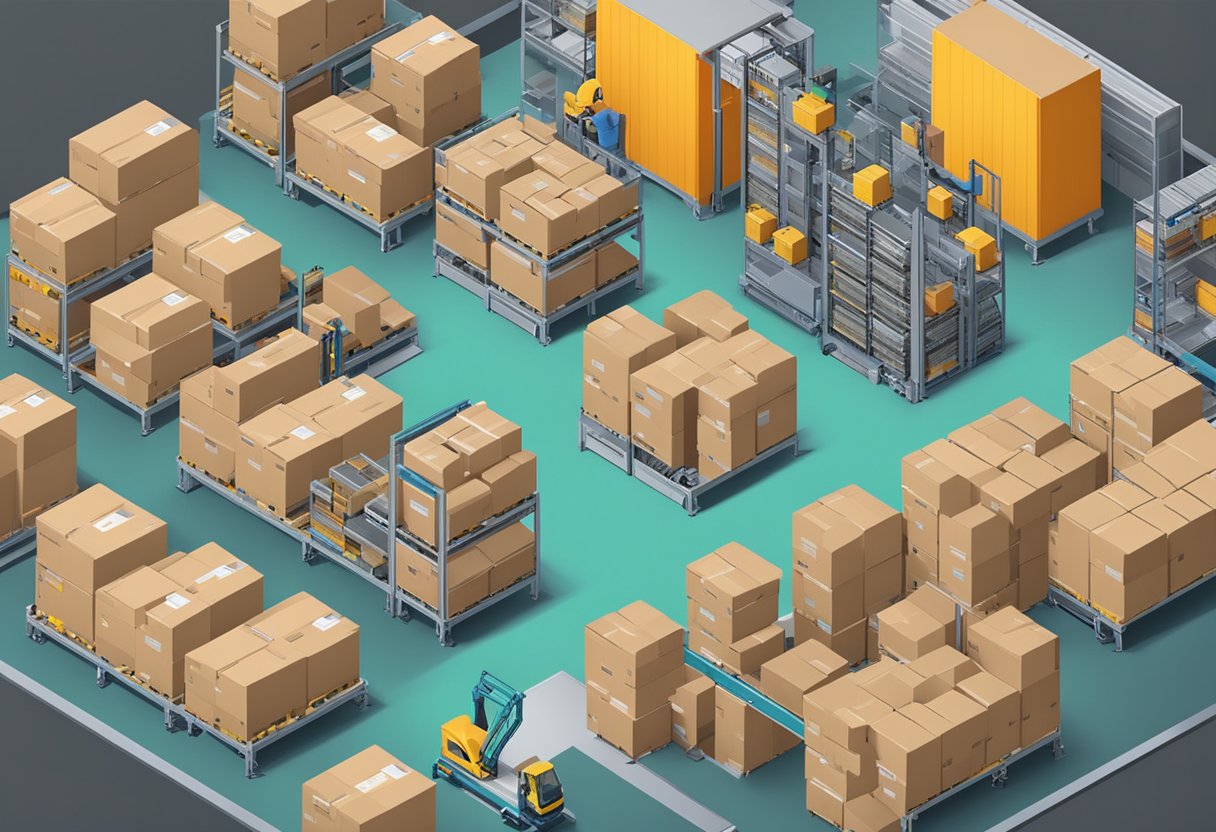 A warehouse with automated picking robots and conveyor belts for paperless order fulfillment