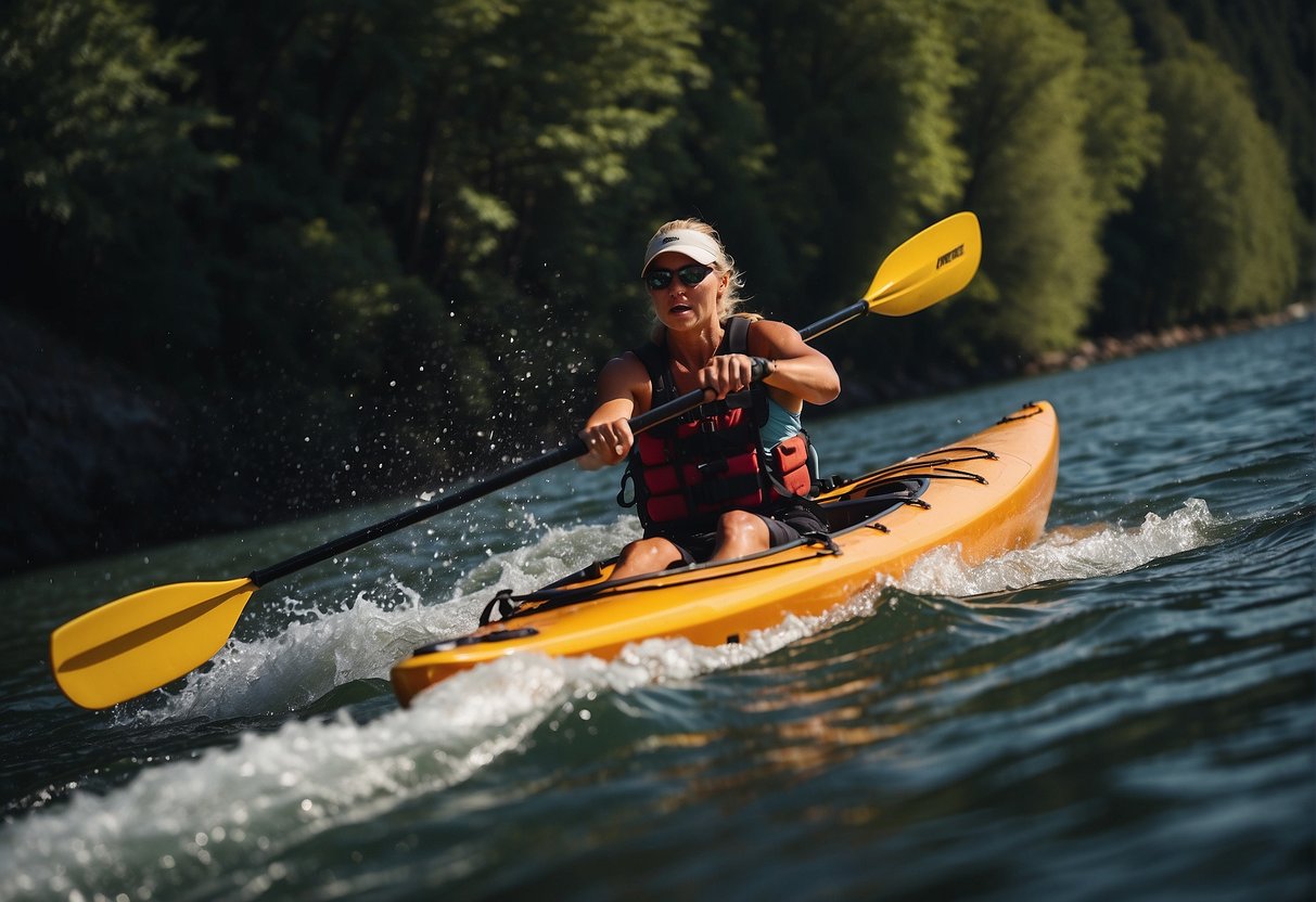 A kayaker expertly executes a high brace turn, demonstrating advanced technique for fitness enthusiasts