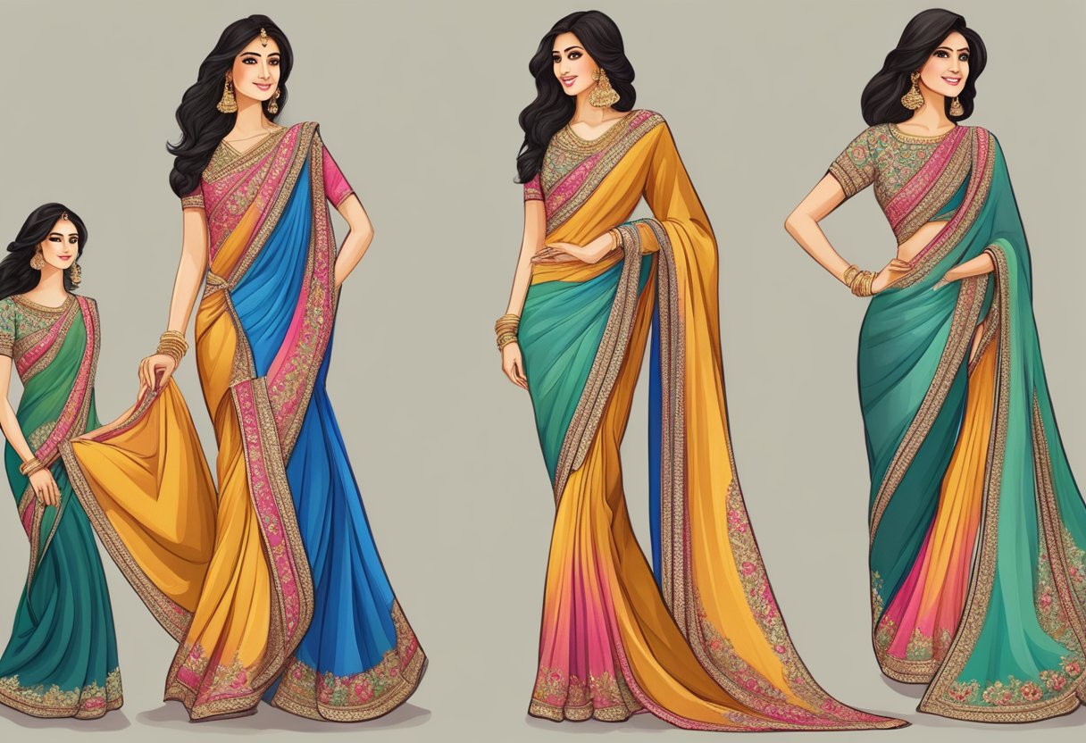A saree draped elegantly with flowing fabric, delicate embroidery, and vibrant colors, creating a graceful and sophisticated farewell look