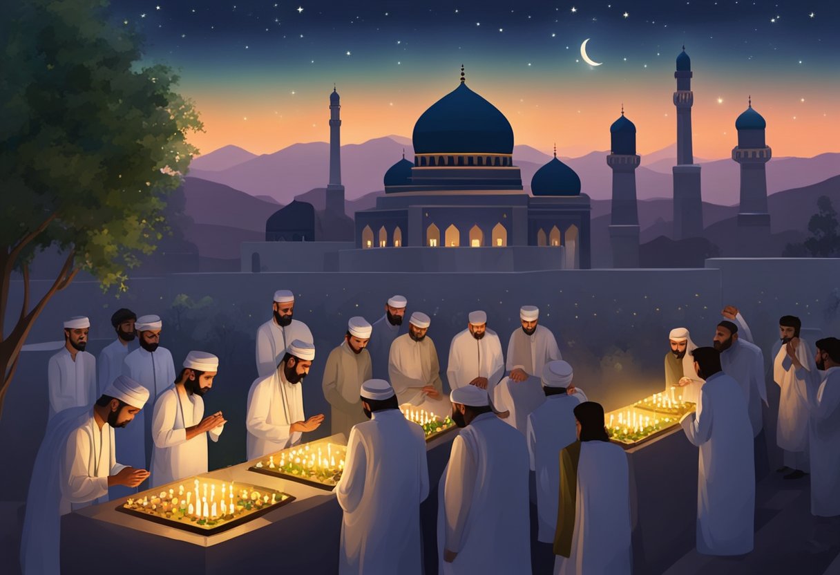 Shab E Barat 2024 in Pakistan: A moonlit night with people visiting graves, offering prayers, and lighting candles