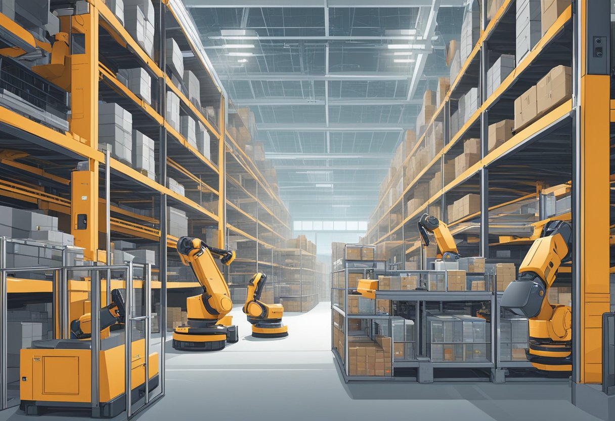 Automated robots navigate through a futuristic warehouse, picking and sorting items for commissioning