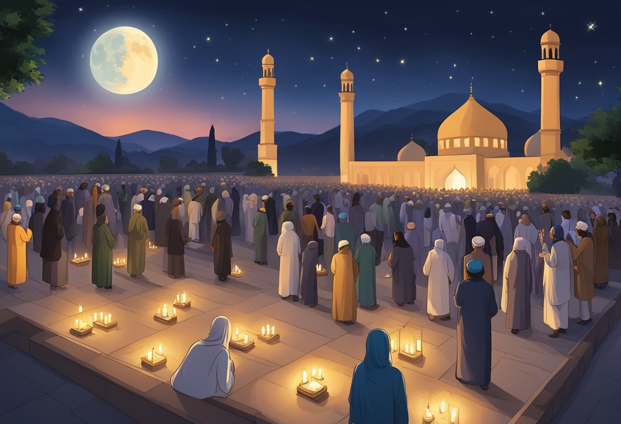 Shab e Barat 2024 in Pakistan: A moonlit night with people visiting graves, offering prayers, and lighting candles at mosques