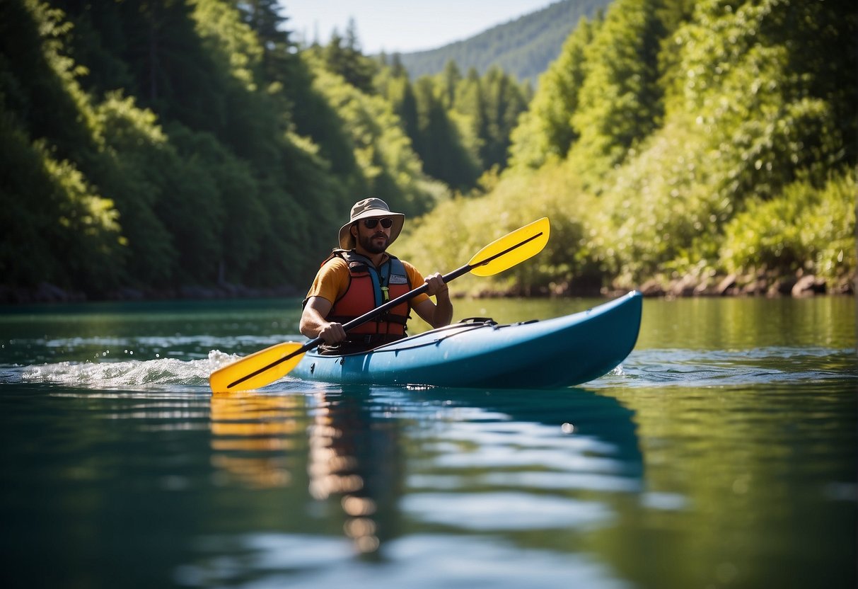 A kayaker paddles through calm waters, surrounded by lush greenery and clear blue skies. The sun shines down, casting a warm glow on the peaceful scene