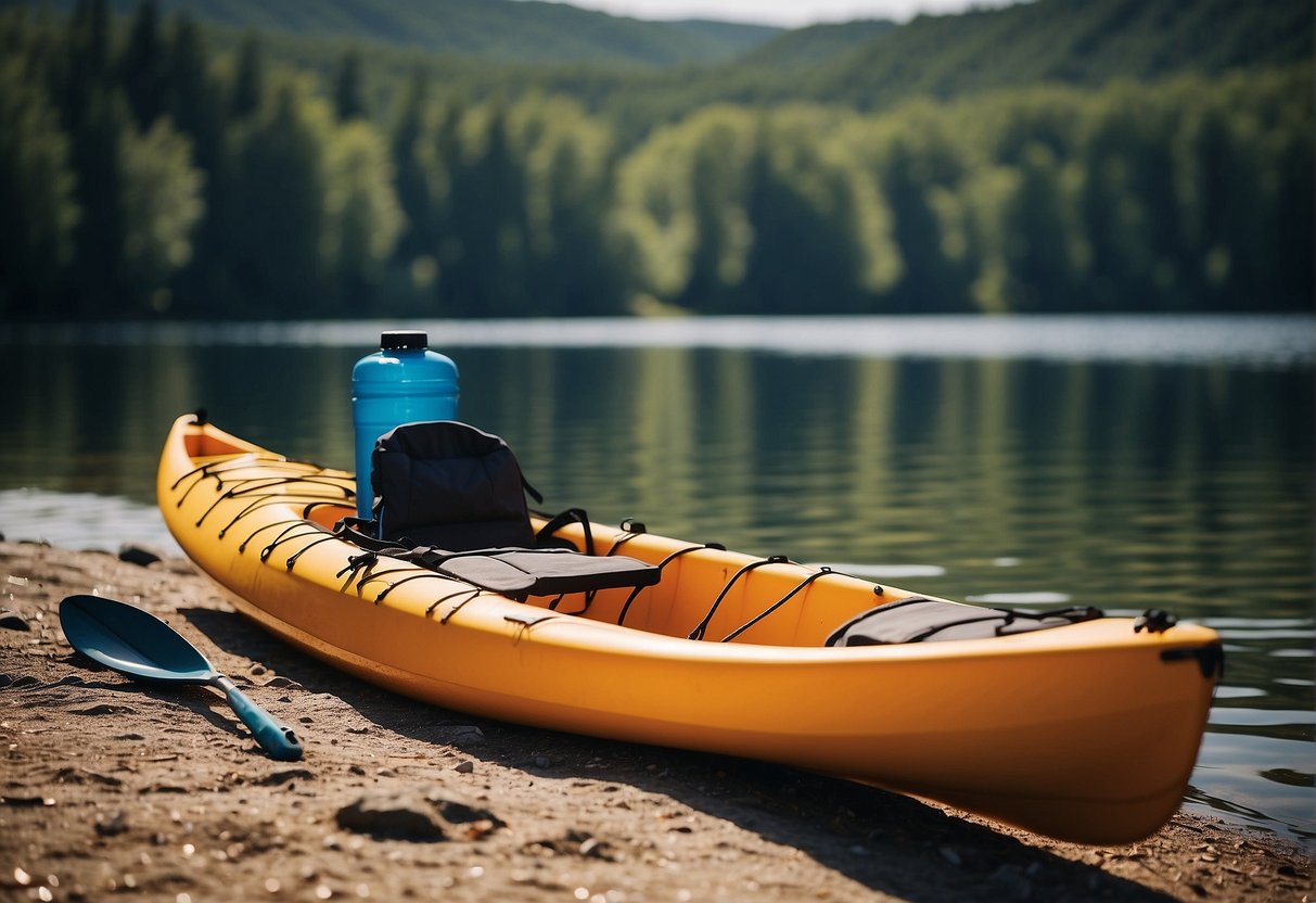 A kayak, paddle, life jacket, and water bottle on a peaceful lake shore