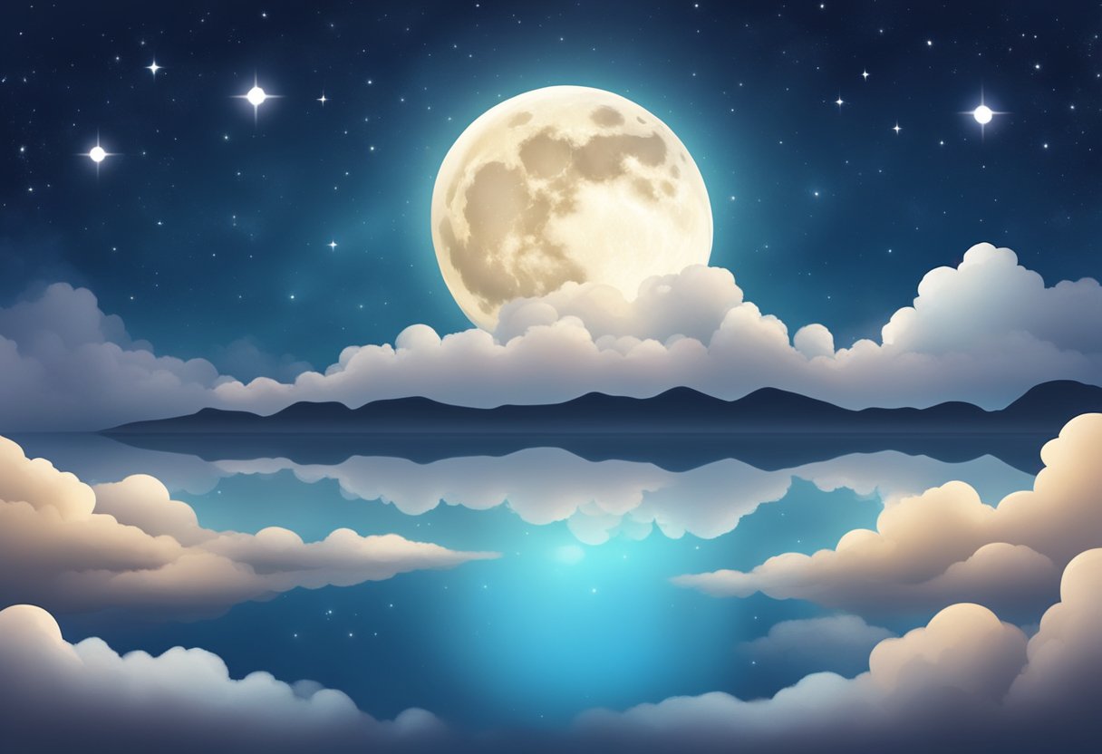 A serene night sky with a full moon, stars twinkling, and soft clouds drifting. A peaceful scene with a sense of spirituality and reflection