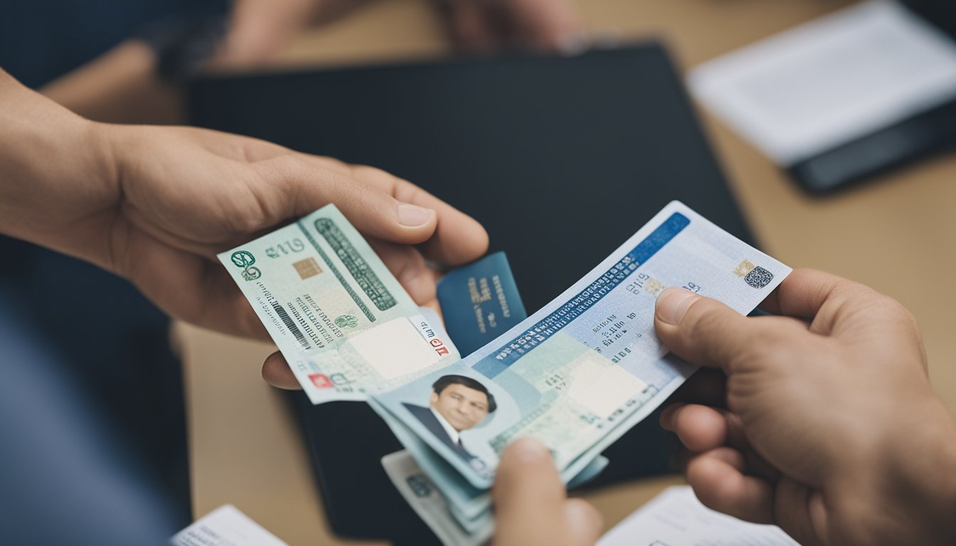A foreigner handing over personal identification documents to a licensed moneylender in a Singapore office