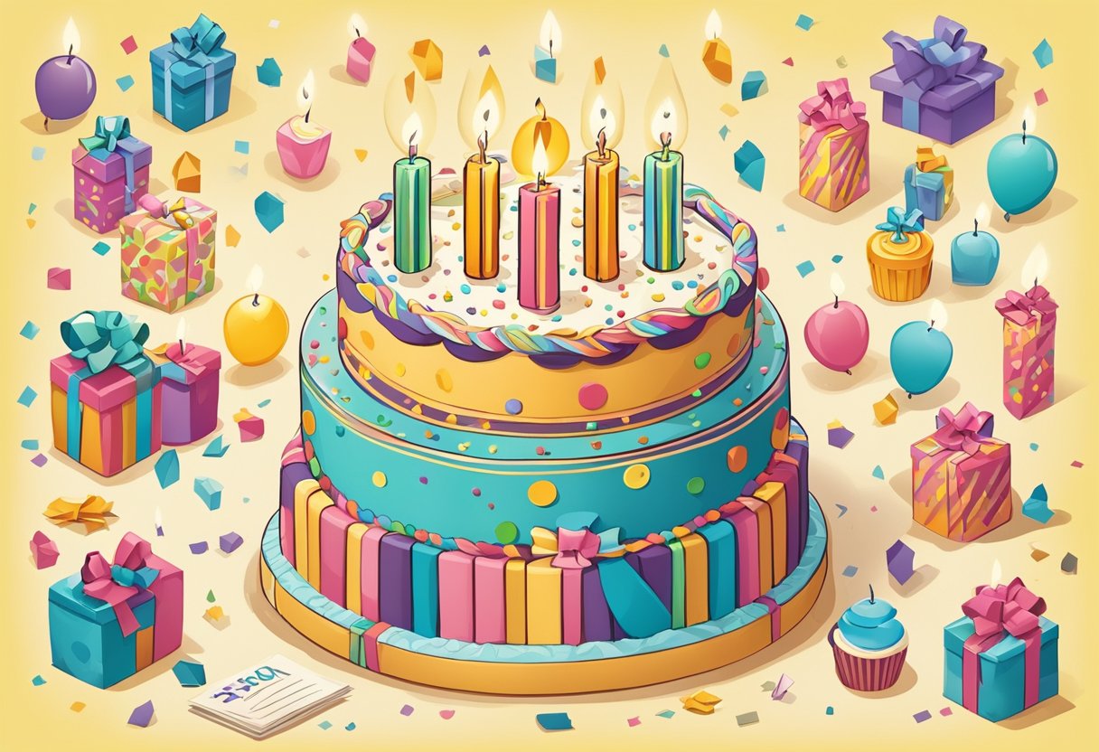 A birthday cake with 14 candles, a gift wrapped in colorful paper, and a birthday card with heartfelt quotes for a son
