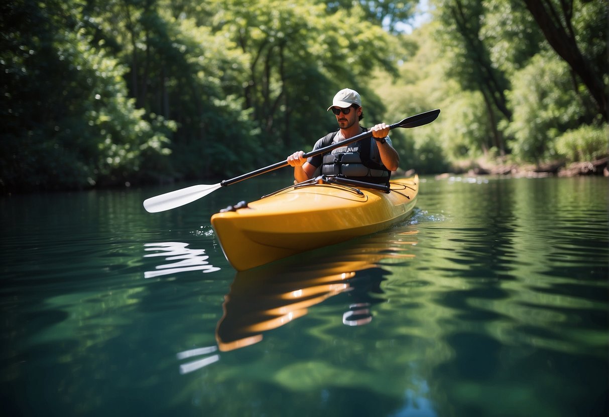 A kayak slicing through calm water, surrounded by lush greenery and a clear blue sky