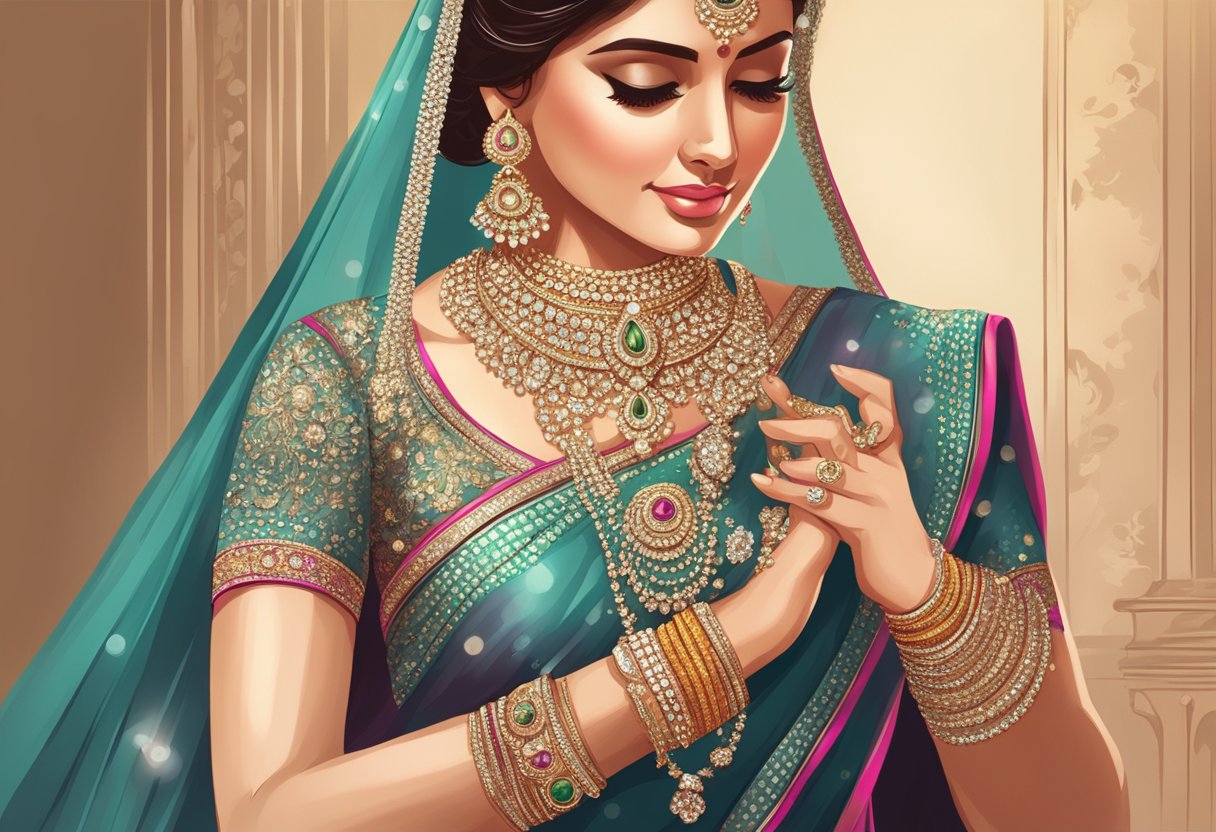 A bride's hands delicately selecting sparkling jewelry to complement her vibrant wedding saree