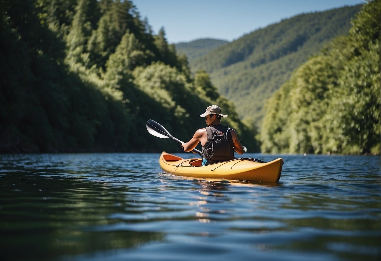A kayaker paddling through calm waters, surrounded by lush greenery and a clear blue sky
