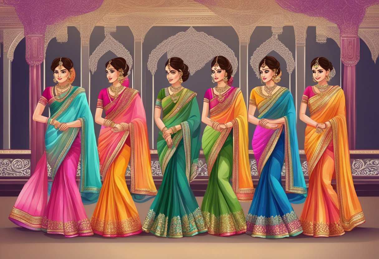 A beautiful display of colorful and ornate sarees, with intricate embroidery and shimmering details, arranged in a wedding setting