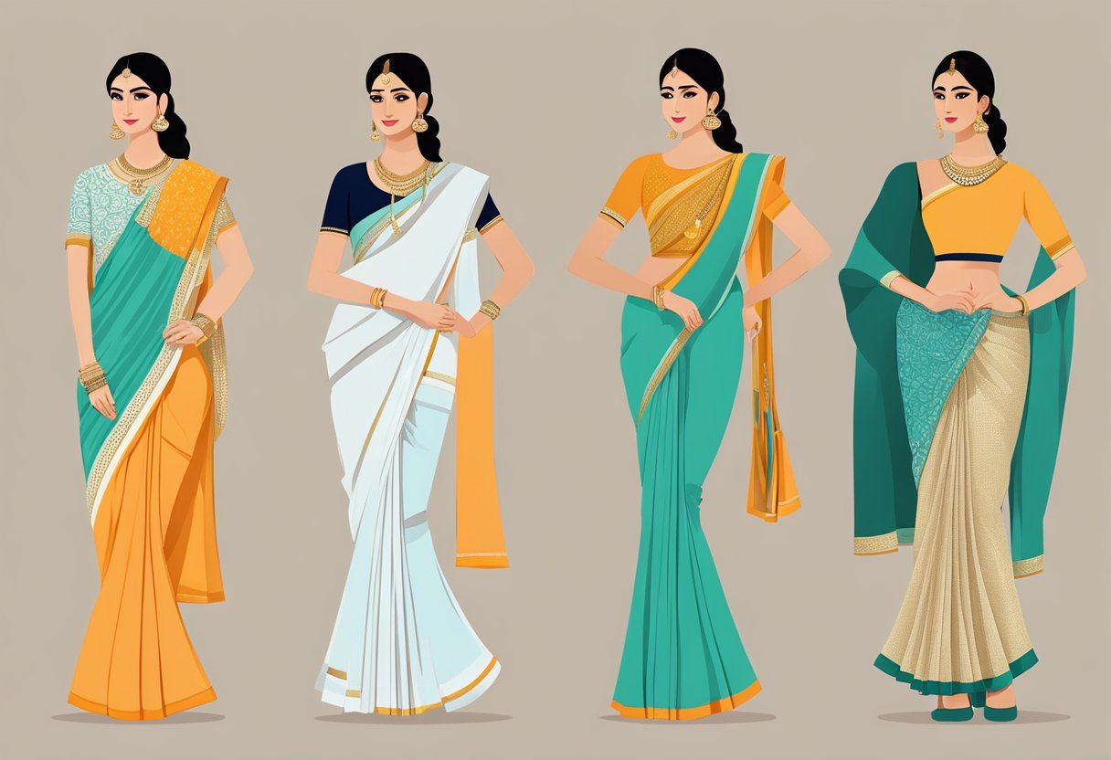 Five modern saree blouse designs showcased on a clean, minimalist background with bold colors and intricate details