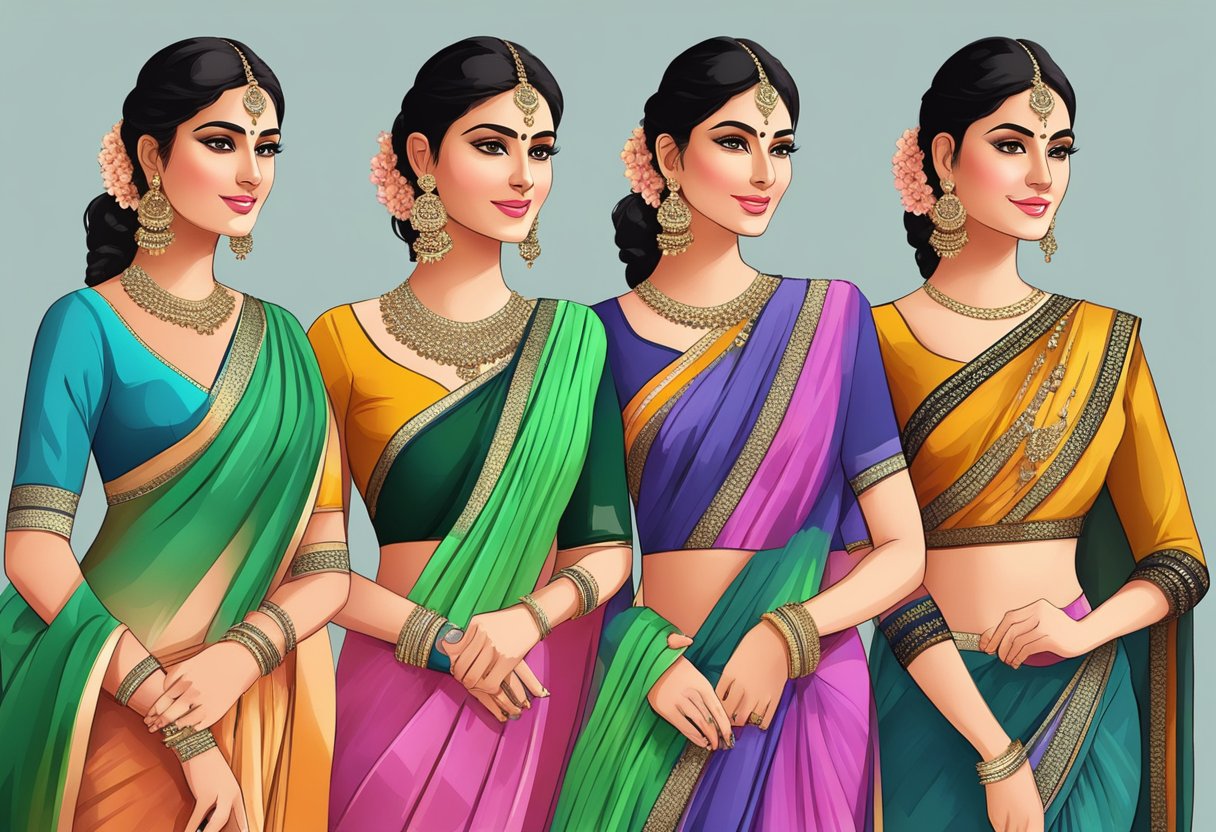 Vibrant saree blouses with unique necklines and sleeves, showcasing modern trends in fashion