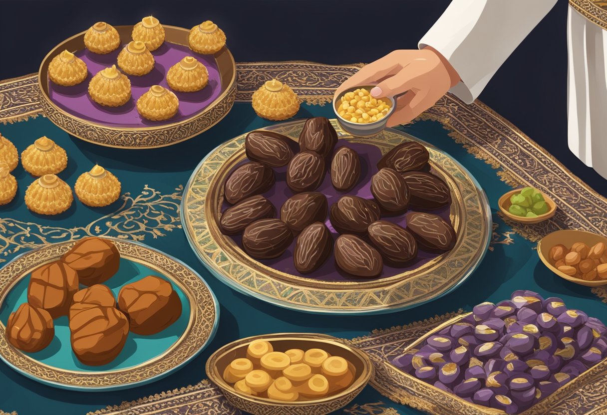 On Shab e Barat, a person prepares nayaz offerings with dates, sweets, and water, placing them on a decorative cloth for prayer