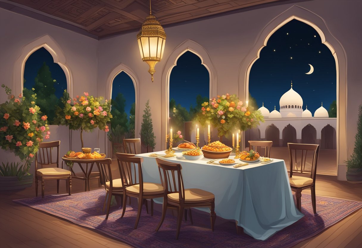 The night of Shab e Barat, a crescent moon shines over a mosque. A table is set with offerings of food and flowers, symbolizing the significance of the night and the nayaz