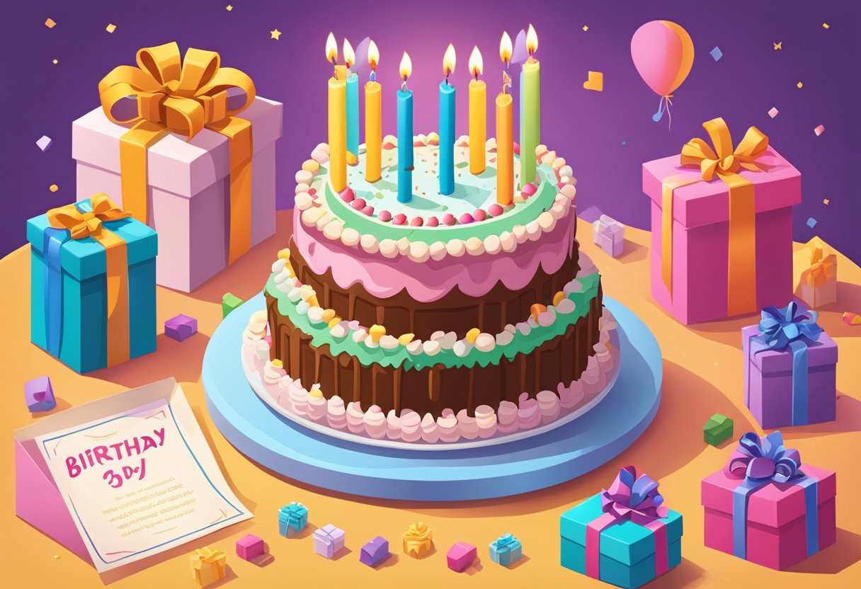 A birthday cake with 15 candles, a card with heartfelt message, and a gift wrapped with a bow on a table