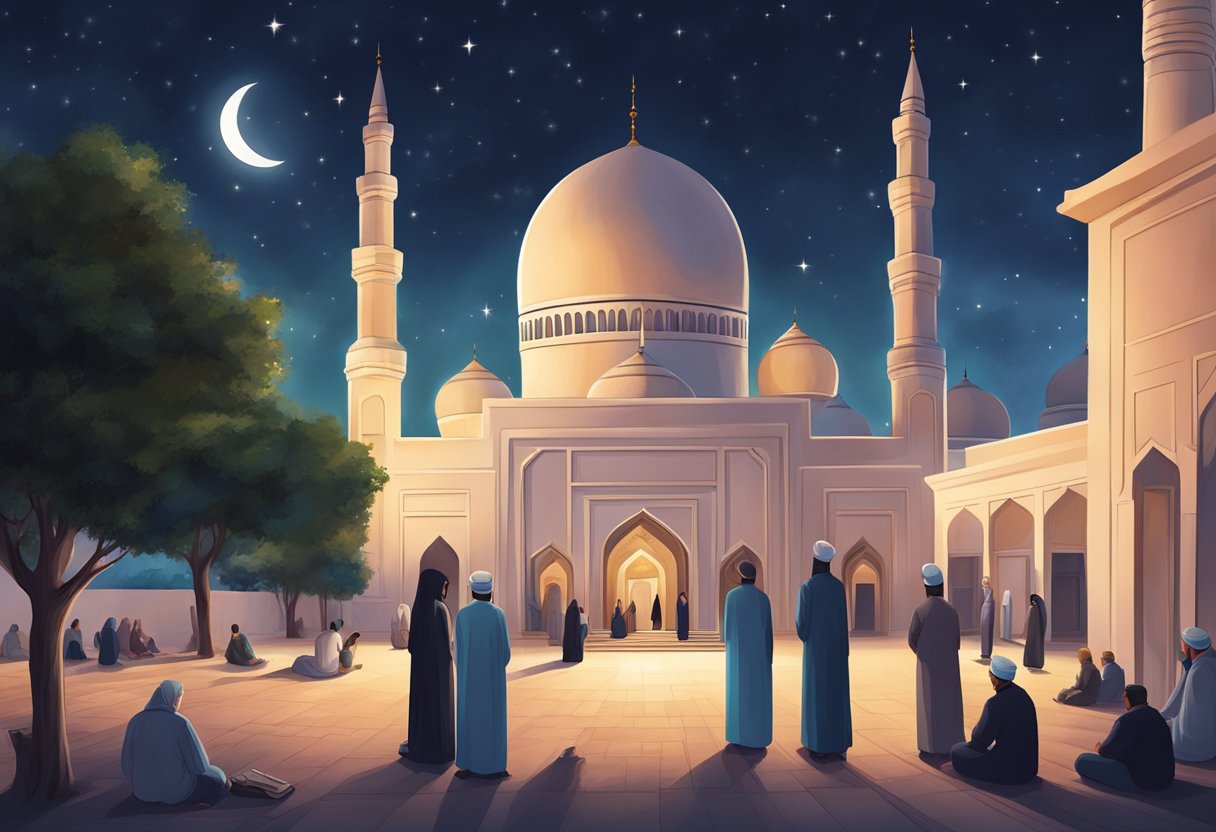 A night sky with stars shining brightly above, a crescent moon hanging low, and a peaceful atmosphere surrounding a mosque with people engaged in prayers and rituals