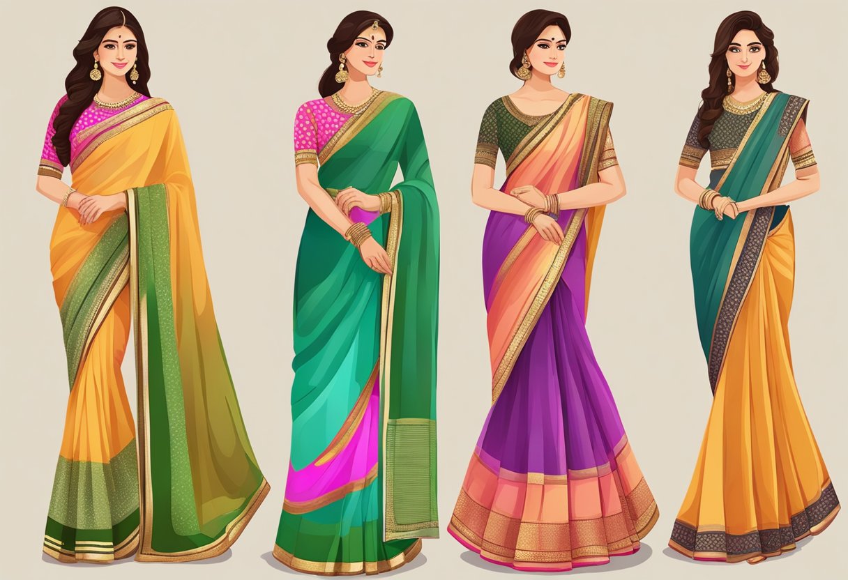 A vibrant display of five trending saree color combinations