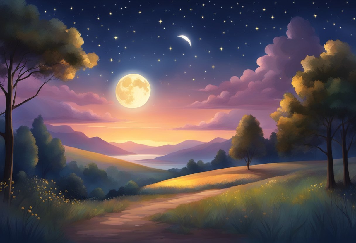 The night of forgiveness ends at dawn. The sky is dark, stars twinkle, and the moon shines brightly, casting a serene glow over the landscape