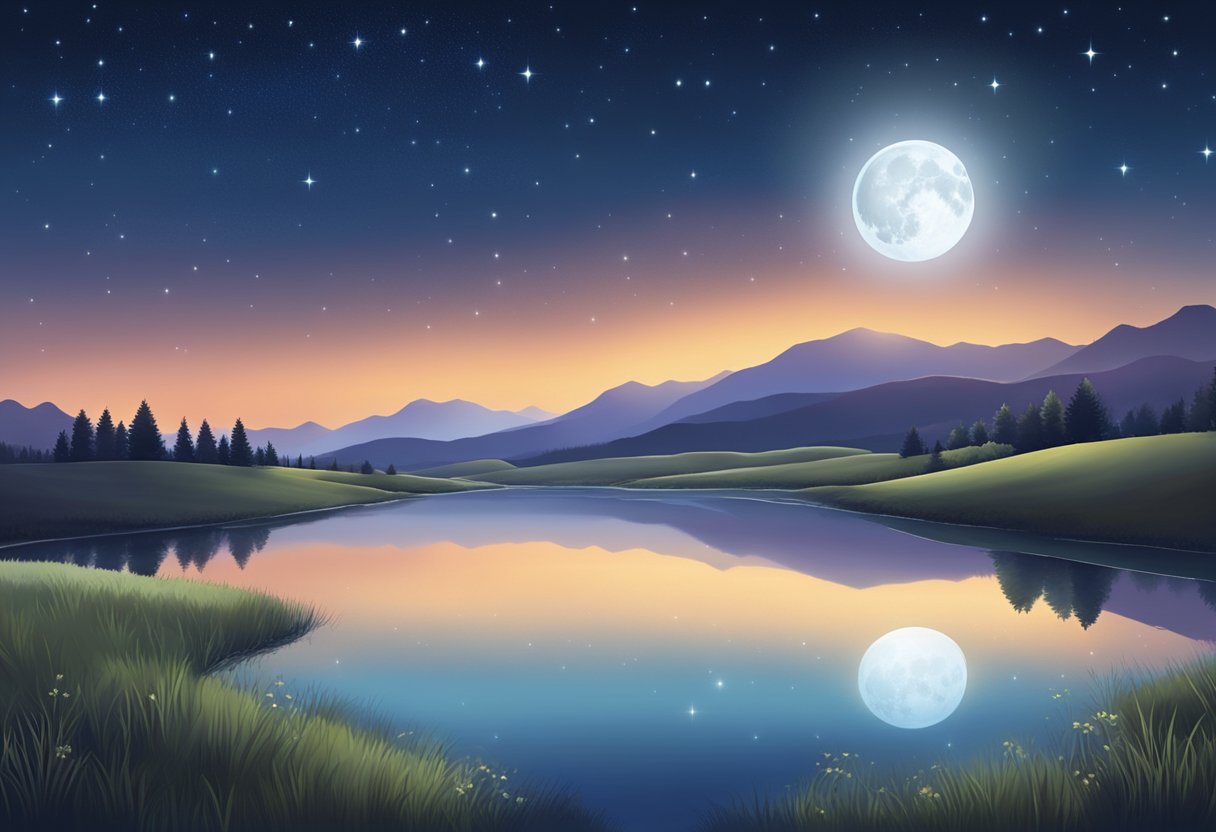 A night sky with a full moon shining brightly, casting a soft glow over a peaceful landscape