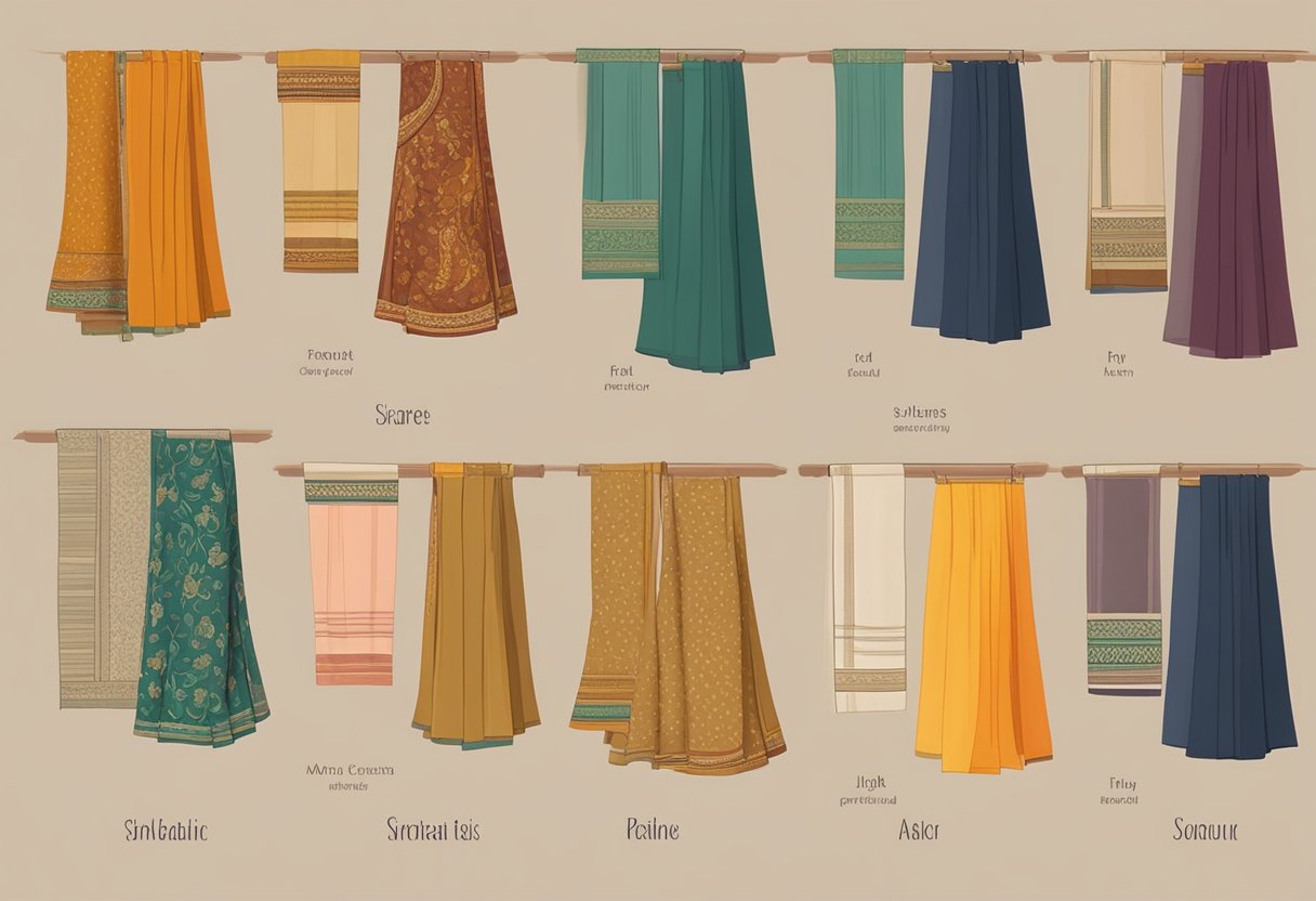 A display of five trending saree color combinations, with labels for each, against a neutral background