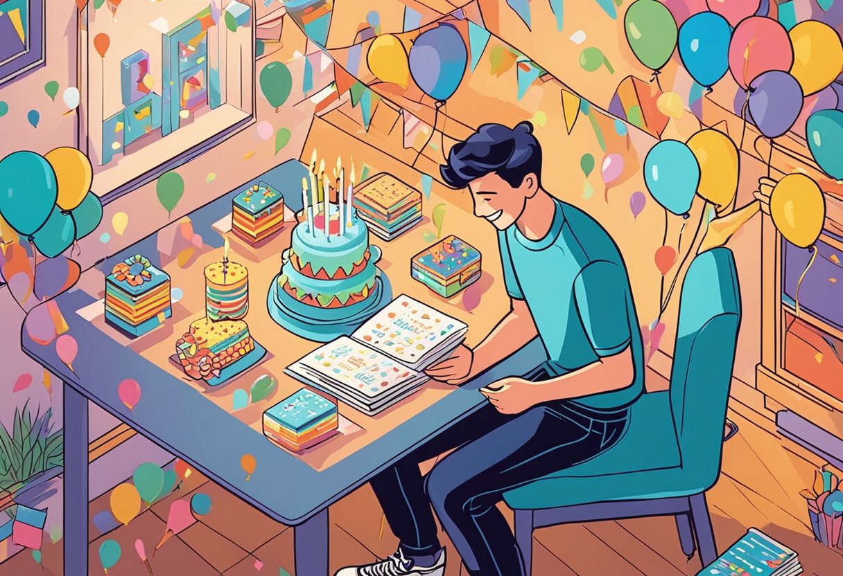 A young man smiles as he reads birthday cards from family and friends. Balloons and streamers decorate the room, and a cake with 16 candles sits on the table