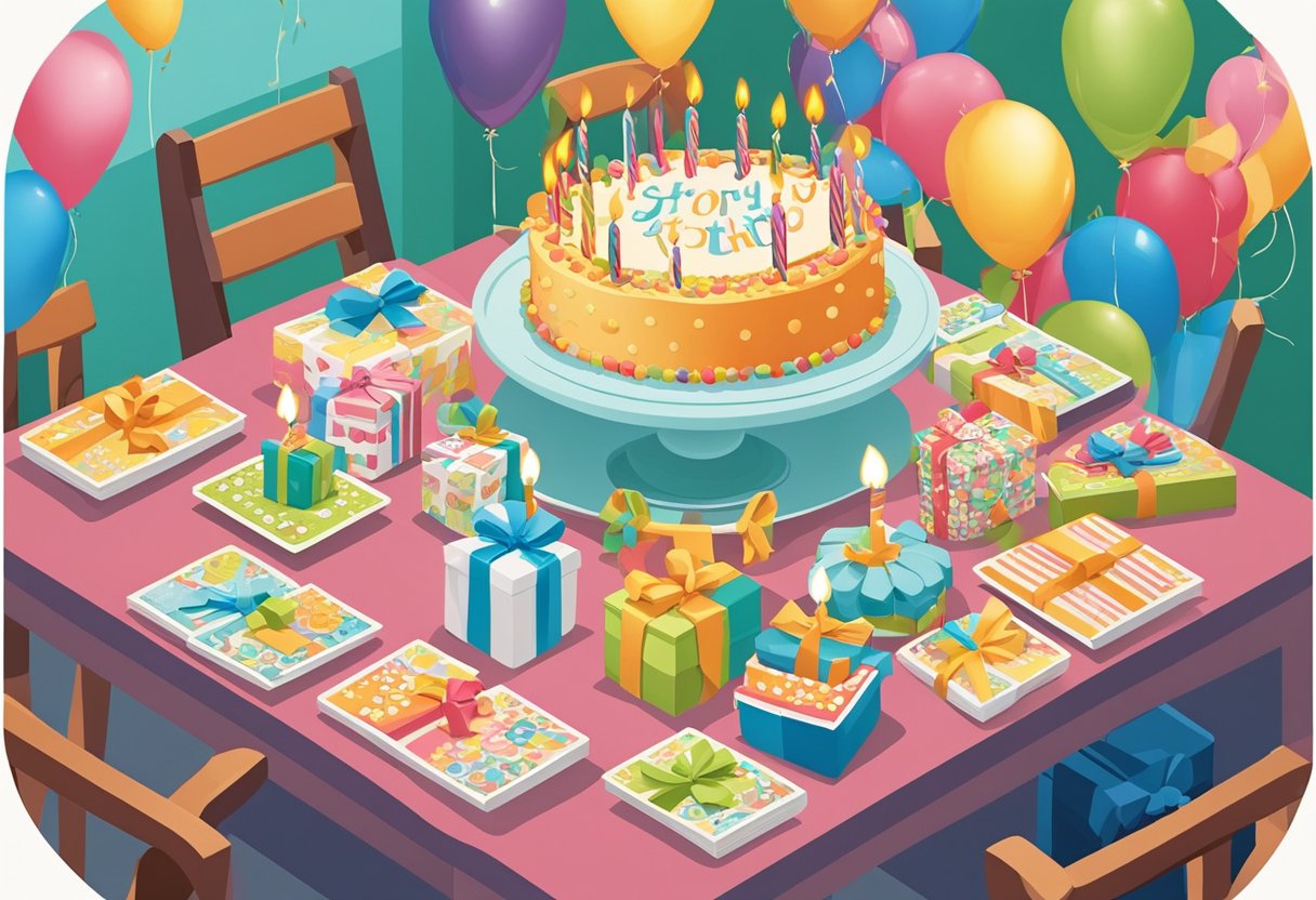 A table set with a birthday cake and 16 candles, surrounded by gifts and cards with heartfelt quotes for a son's 16th birthday