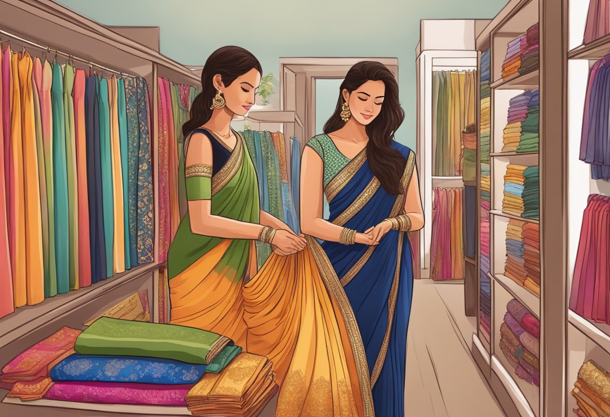 A woman examines colorful sarees at a boutique, considering fabric, design, and embellishments for her best friend's wedding